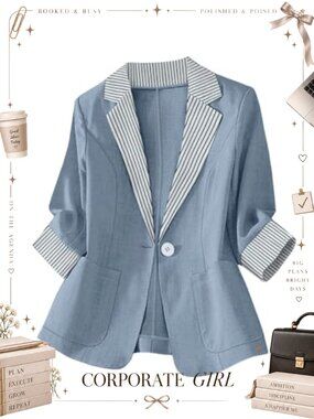 Women's Striped Patchwork 3/4 Sleeve Blazer Jacket Business Casual